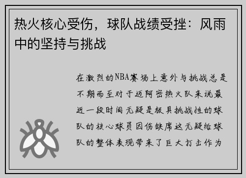 热火核心受伤，球队战绩受挫：风雨中的坚持与挑战